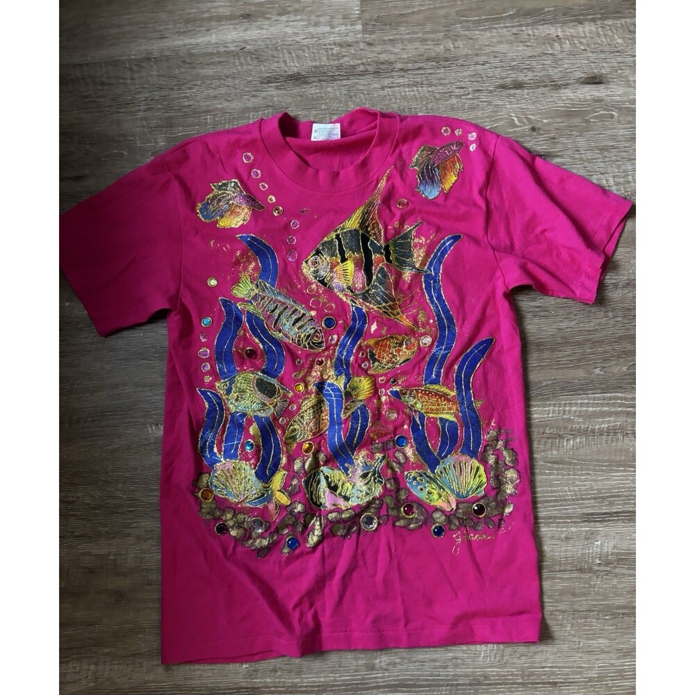 VTG ARTIST PUFF PAINTED SIGNED UNDERWATER GRAPHIC PINK SINGLE STITCH T-SHIRT M - Picture 2 of 6
